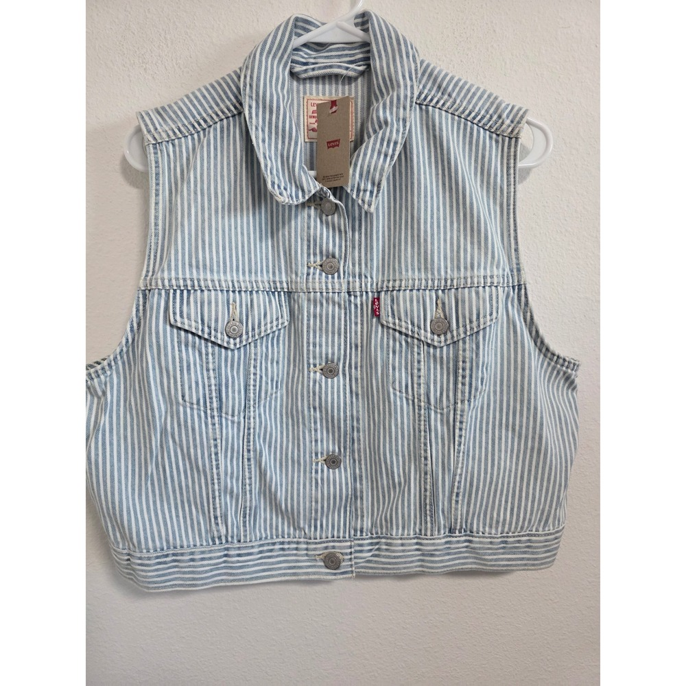 Levis Womens XL Hickory Stripe Denim Vest Light Blue White Trucker Sleeveless